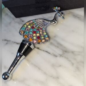 NIB Peacock Bottle Stopper silver tone and multi colored stones
